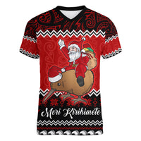 Personalised New Zealand Christmas Women V Neck T Shirt Kiwi Santa Claus Maori Meri Kirihimete LT9 Female Red - Polynesian Pride