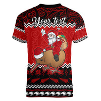 Personalised New Zealand Christmas Women V Neck T Shirt Kiwi Santa Claus Maori Meri Kirihimete LT9 - Polynesian Pride