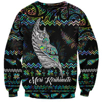 Personalised New Zealand Christmas Sweatshirt Maori Fern Manaia Meri Kirihimete with Papaua Shell LT9 Unisex Black - Polynesian Pride