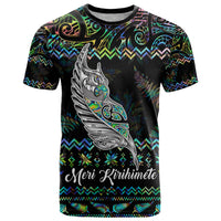 Personalised New Zealand Christmas T Shirt Maori Fern Manaia Meri Kirihimete with Papaua Shell LT9 Black - Polynesian Pride
