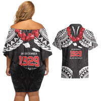 Samoa Black Saturday Couples Matching Off Shoulder Short Dress and Hawaiian Shirt Samoa mo Samoa with Black Ula Fala
