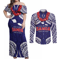 Samoa Black Saturday Couples Matching Off Shoulder Maxi Dress and Long Sleeve Button Shirt Samoa mo Samoa with Blue Ula Fala