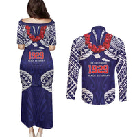 Samoa Black Saturday Couples Matching Puletasi and Long Sleeve Button Shirt Samoa mo Samoa with Blue Ula Fala LT9 - Polynesian Pride