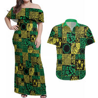 Cook Islands Mere Kiritimiti Couples Matching Off Shoulder Maxi Dress and Hawaiian Shirt Pacific Patchwork Xmas Vibes - Polynesian Pride