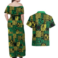 Cook Islands Mere Kiritimiti Couples Matching Off Shoulder Maxi Dress and Hawaiian Shirt Pacific Patchwork Xmas Vibes - Polynesian Pride