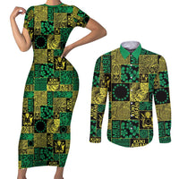 Cook Islands Mere Kiritimiti Couples Matching Short Sleeve Bodycon Dress and Long Sleeve Button Shirt Pacific Patchwork Xmas Vibes - Polynesian Pride