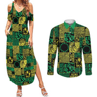 Cook Islands Mere Kiritimiti Couples Matching Summer Maxi Dress and Long Sleeve Button Shirt Pacific Patchwork Xmas Vibes LT9 Green - Polynesian Pride
