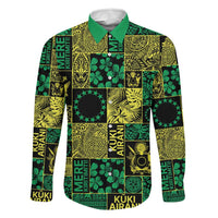 Cook Islands Mere Kiritimiti Family Matching Off Shoulder Maxi Dress and Hawaiian Shirt Pacific Patchwork Xmas Vibes LT9 Dad's Shirt - Long Sleeve Green - Polynesian Pride