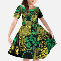 Cook Islands Mere Kiritimiti Family Matching Off Shoulder Short Dress and Hawaiian Shirt Pacific Patchwork Xmas Vibes LT9 Daughter's Dress Green - Polynesian Pride