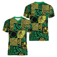 Cook Islands Mere Kiritimiti Women V-Neck T-Shirt Pacific Patchwork Xmas Vibes - Polynesian Pride