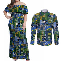 Solomon Islands Meri Kirihimete Couples Matching Off Shoulder Maxi Dress and Long Sleeve Button Shirt Pacific Patchwork Xmas Vibes - Polynesian Pride