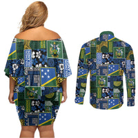 Solomon Islands Meri Kirihimete Couples Matching Off Shoulder Short Dress and Long Sleeve Button Shirt Pacific Patchwork Xmas Vibes - Polynesian Pride