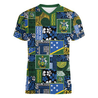 Solomon Islands Meri Kirihimete Women V-Neck T-Shirt Pacific Patchwork Xmas Vibes - Polynesian Pride
