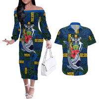 Solomon Islands Meri Kirihimete Couples Matching Off The Shoulder Long Sleeve Dress and Hawaiian Shirt Funny Santa Riding Shark - Polynesian Pride
