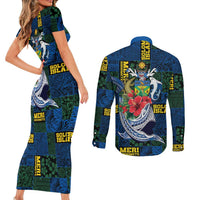 Solomon Islands Meri Kirihimete Couples Matching Short Sleeve Bodycon Dress and Long Sleeve Button Shirt Funny Santa Riding Shark - Polynesian Pride