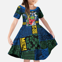 Solomon Islands Meri Kirihimete Family Matching Off The Shoulder Long Sleeve Dress and Hawaiian Shirt Funny Santa Riding Shark LT9 Daughter's Dress Blue - Polynesian Pride