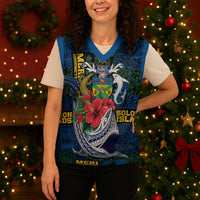 Solomon Islands Meri Kirihimete Christmas Knitted V-Neck Vest Funny Santa Riding Shark - Polynesian Pride