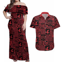 Black Tonga Kilisimasi Fiefia Couples Matching Off Shoulder Maxi Dress and Hawaiian Shirt Pacific Patchwork Xmas Vibes - Polynesian Pride
