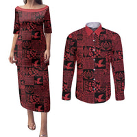 Black Tonga Kilisimasi Fiefia Couples Matching Puletasi and Long Sleeve Button Shirt Pacific Patchwork Xmas Vibes LT9 Black - Polynesian Pride