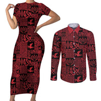 Black Tonga Kilisimasi Fiefia Couples Matching Short Sleeve Bodycon Dress and Long Sleeve Button Shirt Pacific Patchwork Xmas Vibes LT9 Black - Polynesian Pride