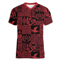 Black Tonga Kilisimasi Fiefia Women V-Neck T-Shirt Pacific Patchwork Xmas Vibes LT9 Female Black - Polynesian Pride