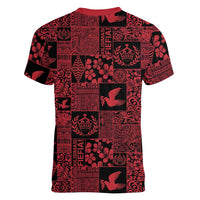 Black Tonga Kilisimasi Fiefia Women V-Neck T-Shirt Pacific Patchwork Xmas Vibes LT9 - Polynesian Pride
