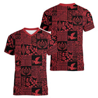 Black Tonga Kilisimasi Fiefia Women V-Neck T-Shirt Pacific Patchwork Xmas Vibes LT9 - Polynesian Pride
