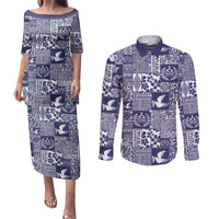 Blue Tonga Kilisimasi Fiefia Couples Matching Puletasi and Long Sleeve Button Shirt Pacific Patchwork Xmas Vibes LT9 Blue - Polynesian Pride