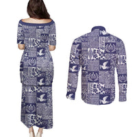 Blue Tonga Kilisimasi Fiefia Couples Matching Puletasi and Long Sleeve Button Shirt Pacific Patchwork Xmas Vibes LT9 - Polynesian Pride