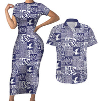 Blue Tonga Kilisimasi Fiefia Couples Matching Short Sleeve Bodycon Dress and Hawaiian Shirt Pacific Patchwork Xmas Vibes LT9 Blue - Polynesian Pride