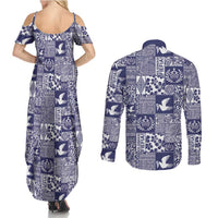 Blue Tonga Kilisimasi Fiefia Couples Matching Summer Maxi Dress and Long Sleeve Button Shirt Pacific Patchwork Xmas Vibes LT9 - Polynesian Pride