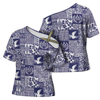 Blue Tonga Kilisimasi Fiefia Cross Shoulder Shirt Pacific Patchwork Xmas Vibes LT9 - Polynesian Pride