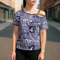 Blue Tonga Kilisimasi Fiefia Cross Shoulder Shirt Pacific Patchwork Xmas Vibes LT9 - Polynesian Pride