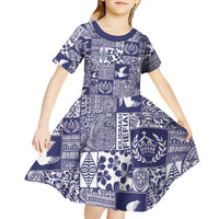 Blue Tonga Kilisimasi Fiefia Kid Short Sleeve Dress Pacific Patchwork Xmas Vibes LT9 - Polynesian Pride