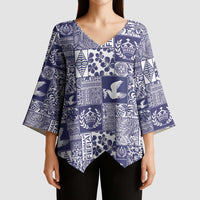 Blue Tonga Kilisimasi Fiefia Kimono Sleeve Blouse Pacific Patchwork Xmas Vibes - Polynesian Pride