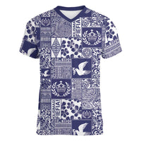 Blue Tonga Kilisimasi Fiefia Women V-Neck T-Shirt Pacific Patchwork Xmas Vibes LT9 Female Blue - Polynesian Pride