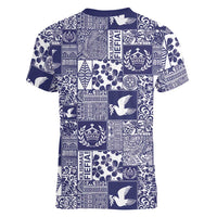 Blue Tonga Kilisimasi Fiefia Women V-Neck T-Shirt Pacific Patchwork Xmas Vibes LT9 - Polynesian Pride