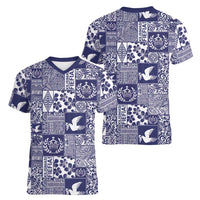 Blue Tonga Kilisimasi Fiefia Women V-Neck T-Shirt Pacific Patchwork Xmas Vibes LT9 - Polynesian Pride