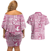 Pink Tonga Kilisimasi Fiefia Couples Matching Off Shoulder Short Dress and Hawaiian Shirt Pacific Patchwork Xmas Vibes LT9 - Polynesian Pride