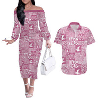 Pink Tonga Kilisimasi Fiefia Couples Matching Off The Shoulder Long Sleeve Dress and Hawaiian Shirt Pacific Patchwork Xmas Vibes LT9 Pink - Polynesian Pride