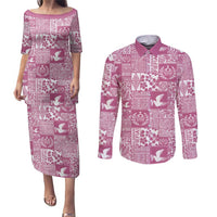 Pink Tonga Kilisimasi Fiefia Couples Matching Puletasi and Long Sleeve Button Shirt Pacific Patchwork Xmas Vibes LT9 Pink - Polynesian Pride