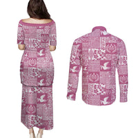 Pink Tonga Kilisimasi Fiefia Couples Matching Puletasi and Long Sleeve Button Shirt Pacific Patchwork Xmas Vibes LT9 - Polynesian Pride