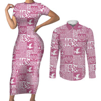 Pink Tonga Kilisimasi Fiefia Couples Matching Short Sleeve Bodycon Dress and Long Sleeve Button Shirt Pacific Patchwork Xmas Vibes - Polynesian Pride