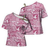 Pink Tonga Kilisimasi Fiefia Cross Shoulder Shirt Pacific Patchwork Xmas Vibes LT9 - Polynesian Pride