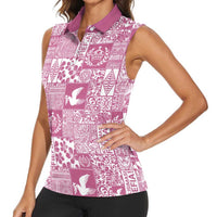 Pink Tonga Kilisimasi Fiefia Women Sleeveless Polo Shirt Pacific Patchwork Xmas Vibes - Polynesian Pride