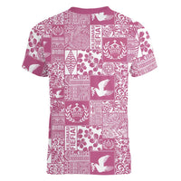 Pink Tonga Kilisimasi Fiefia Women V-Neck T-Shirt Pacific Patchwork Xmas Vibes LT9 - Polynesian Pride