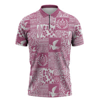 Pink Tonga Kilisimasi Fiefia Zipper Polo Shirt Pacific Patchwork Xmas Vibes LT9 Pink - Polynesian Pride