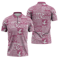Pink Tonga Kilisimasi Fiefia Zipper Polo Shirt Pacific Patchwork Xmas Vibes LT9 - Polynesian Pride
