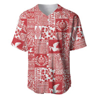 Red Tonga Kilisimasi Fiefia Baseball Jersey Pacific Patchwork Xmas Vibes LT9 Red - Polynesian Pride