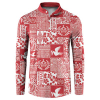 Red Tonga Kilisimasi Fiefia Button Sweatshirt Pacific Patchwork Xmas Vibes - Polynesian Pride